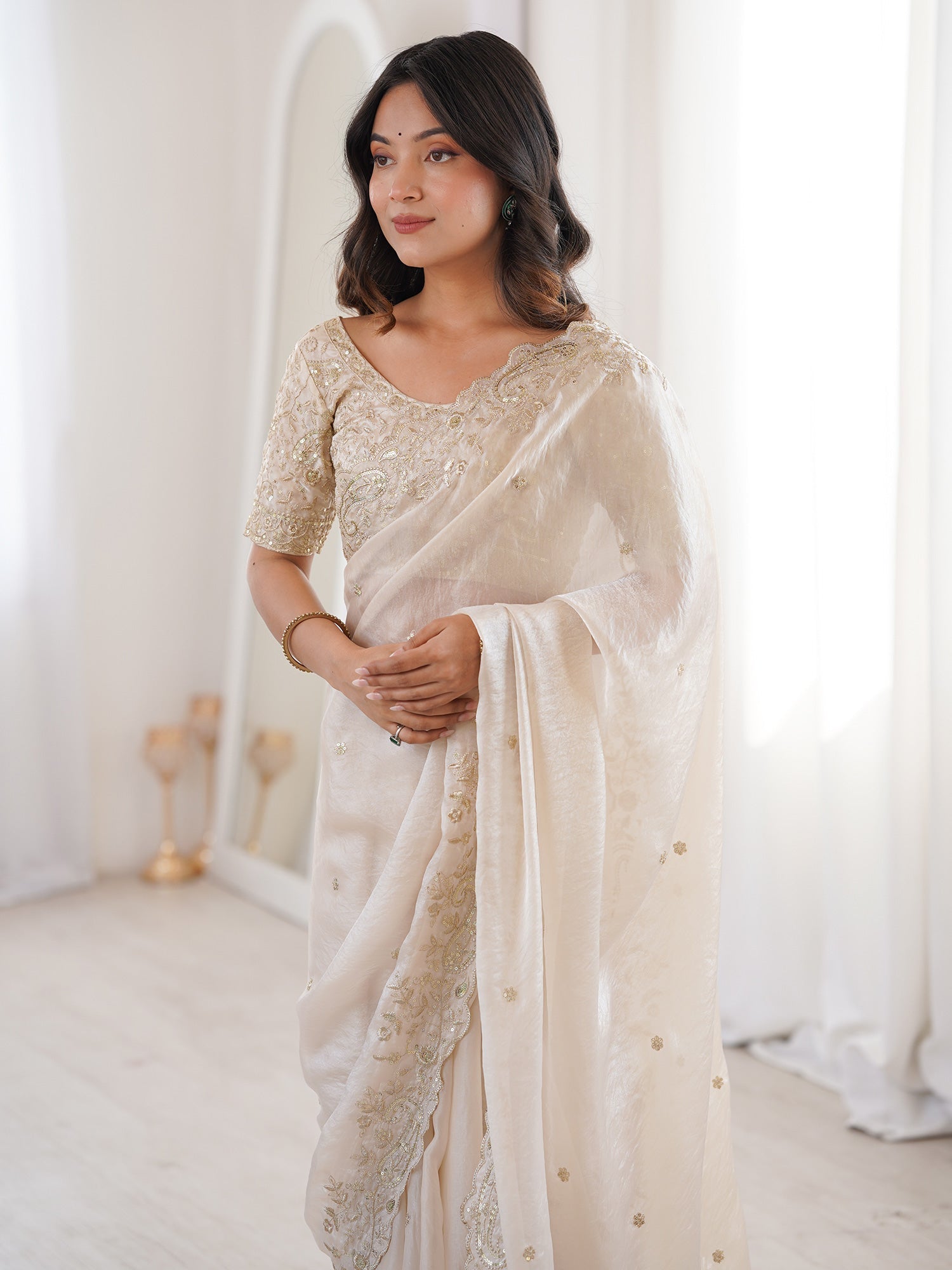 Metallic Tissue Silk Scalloped Embroidery Saree - Ressa