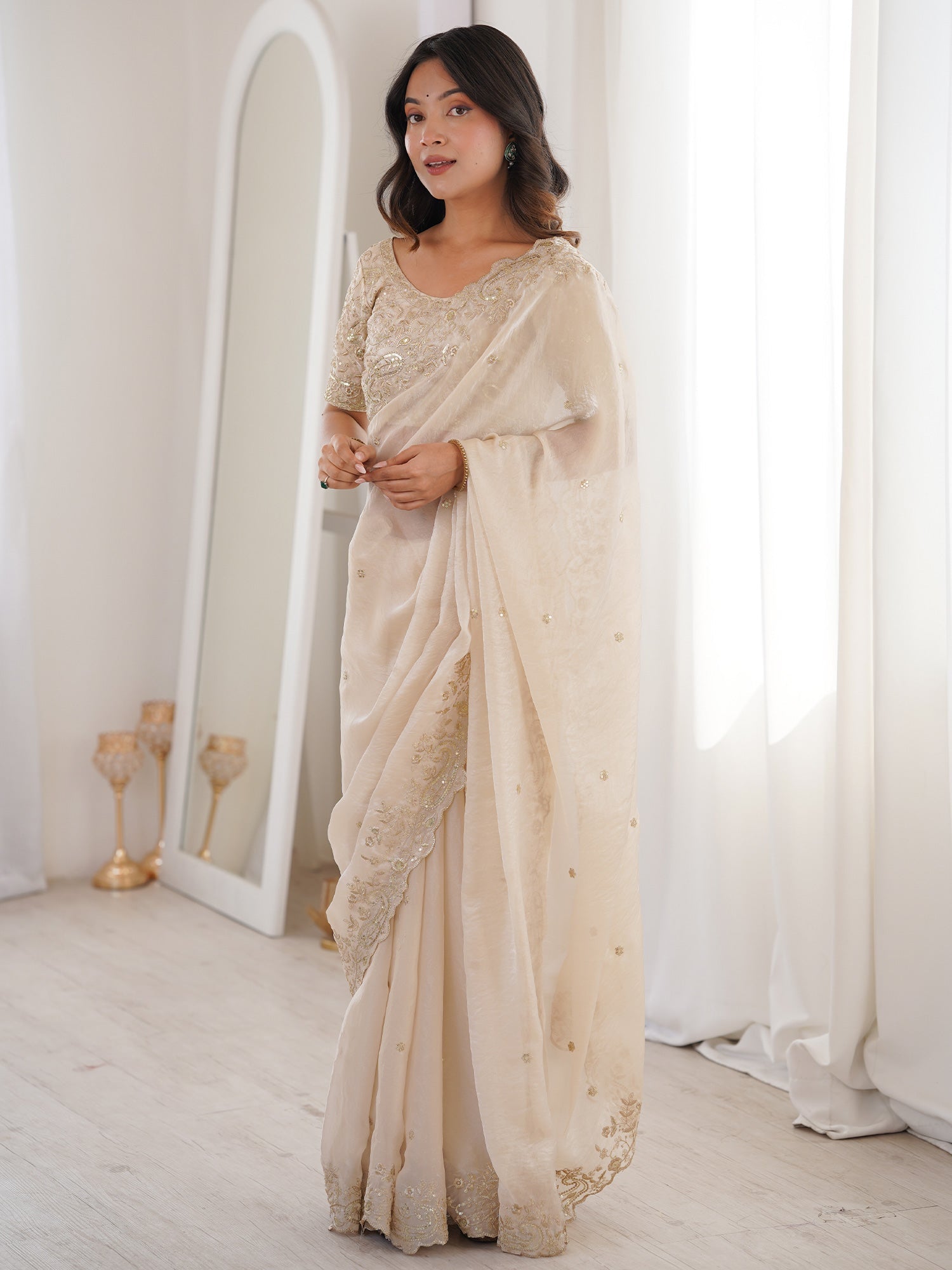 Metallic Tissue Silk Scalloped Embroidery Saree - Ressa