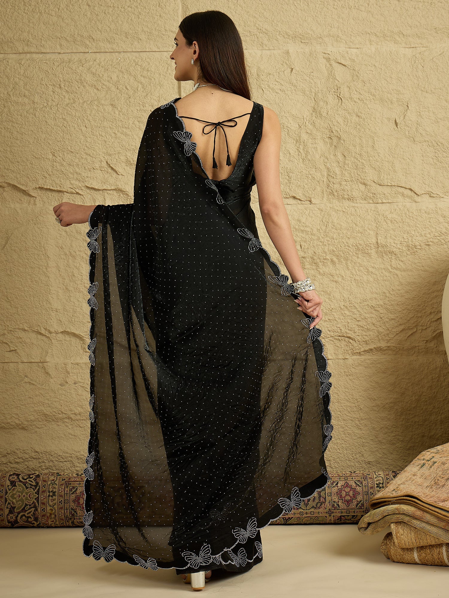 Midnight Black Georgette Saree with Butterfly Cut-Work - Ressa