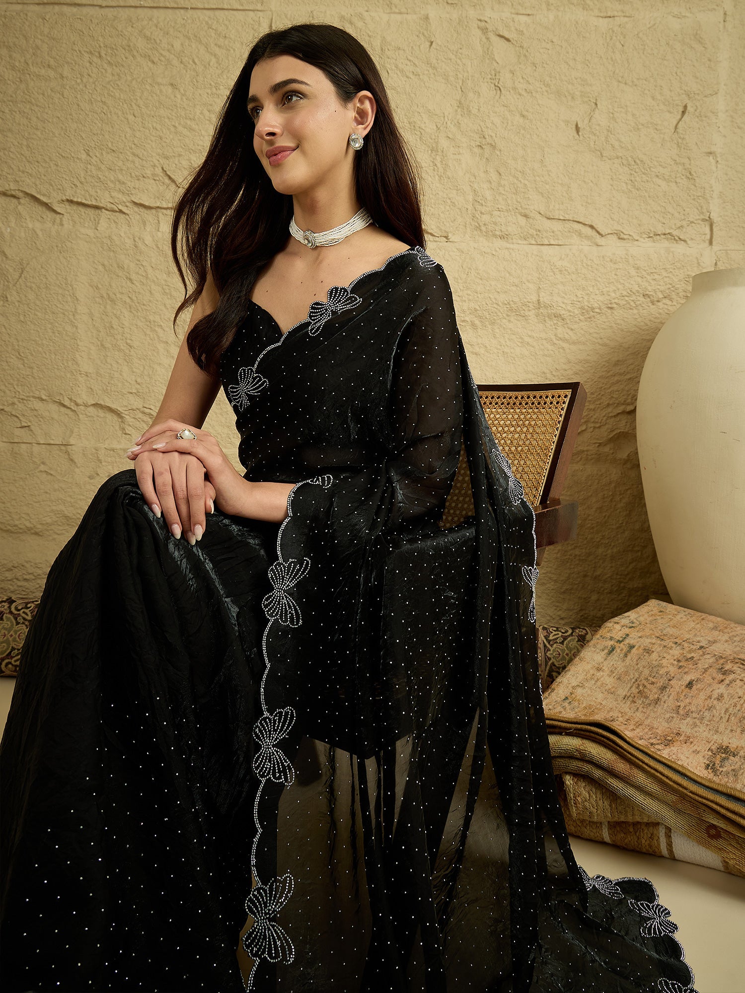 Midnight Black Georgette Saree with Butterfly Cut-Work - Ressa