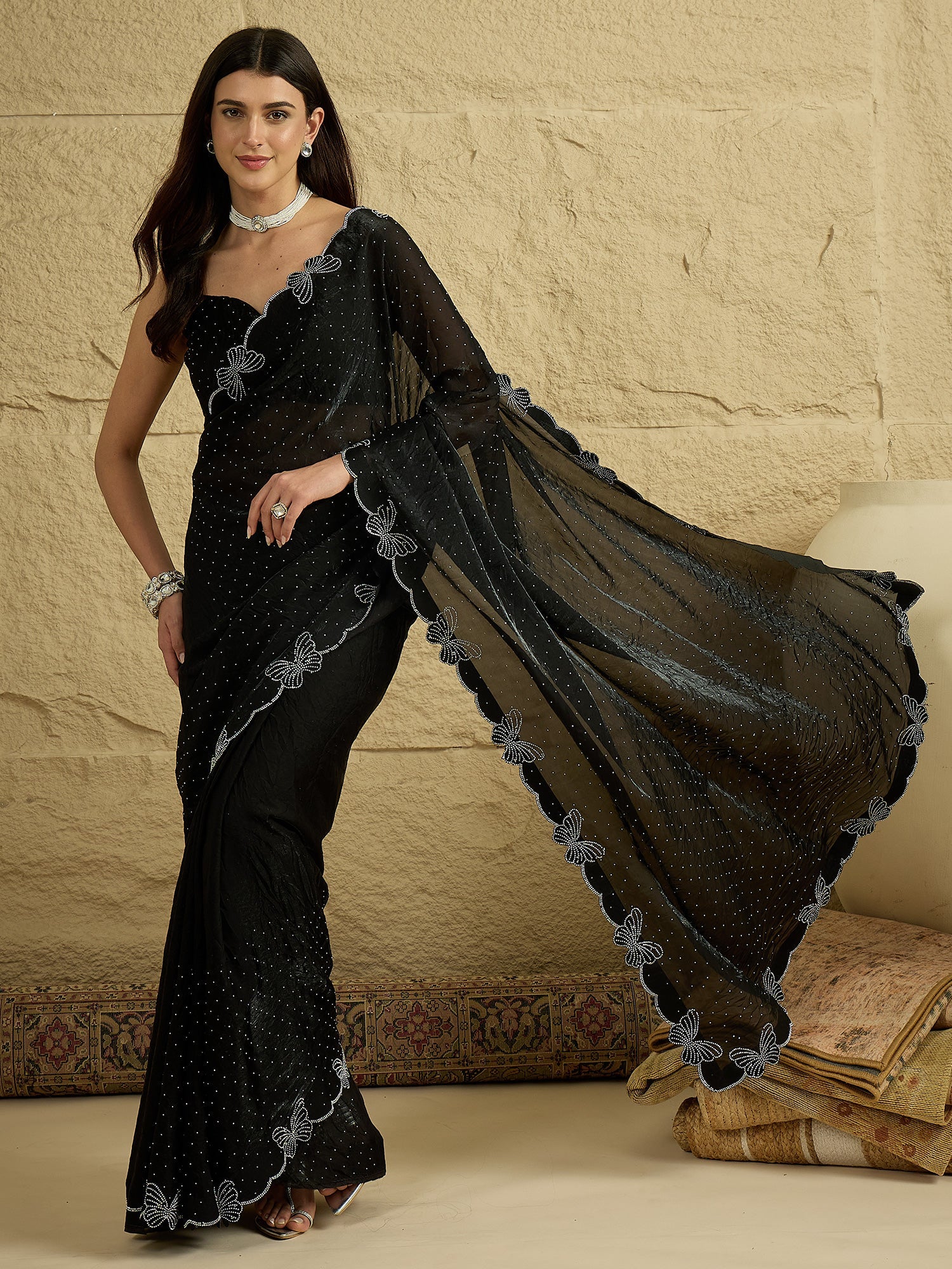 Midnight Black Georgette Saree with Butterfly Cut-Work - Ressa