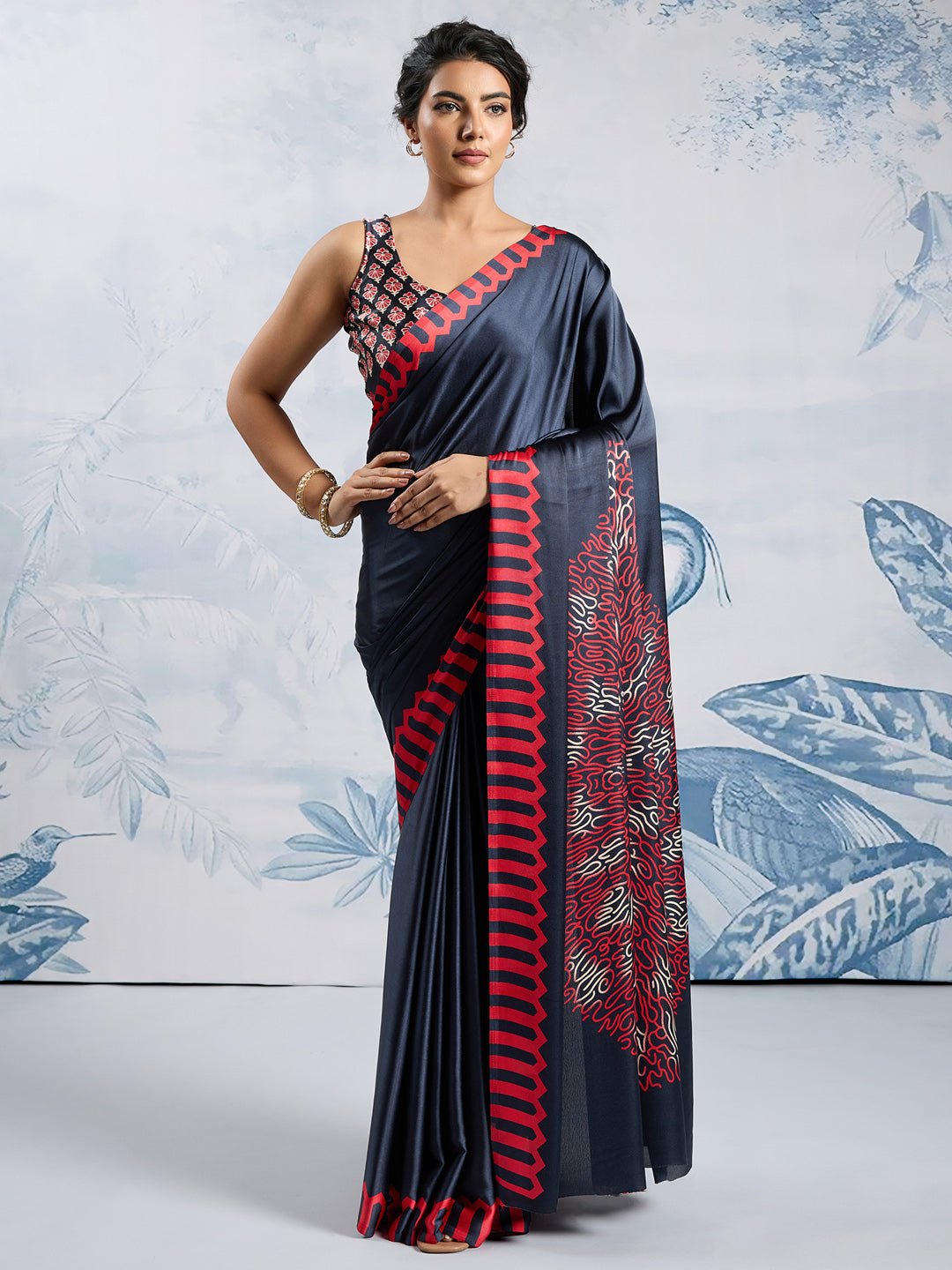 Midnight Black Satin Digital Print Saree - Ressa