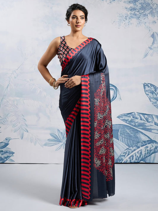 Midnight Black Satin Digital Print Saree - Ressa