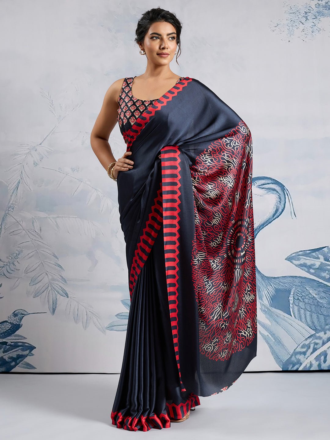 Midnight Black Satin Digital Print Saree - Ressa