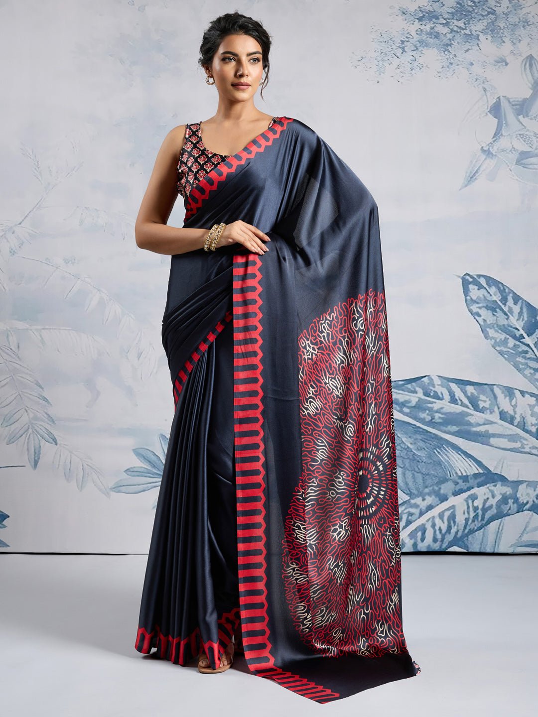Midnight Black Satin Digital Print Saree - Ressa