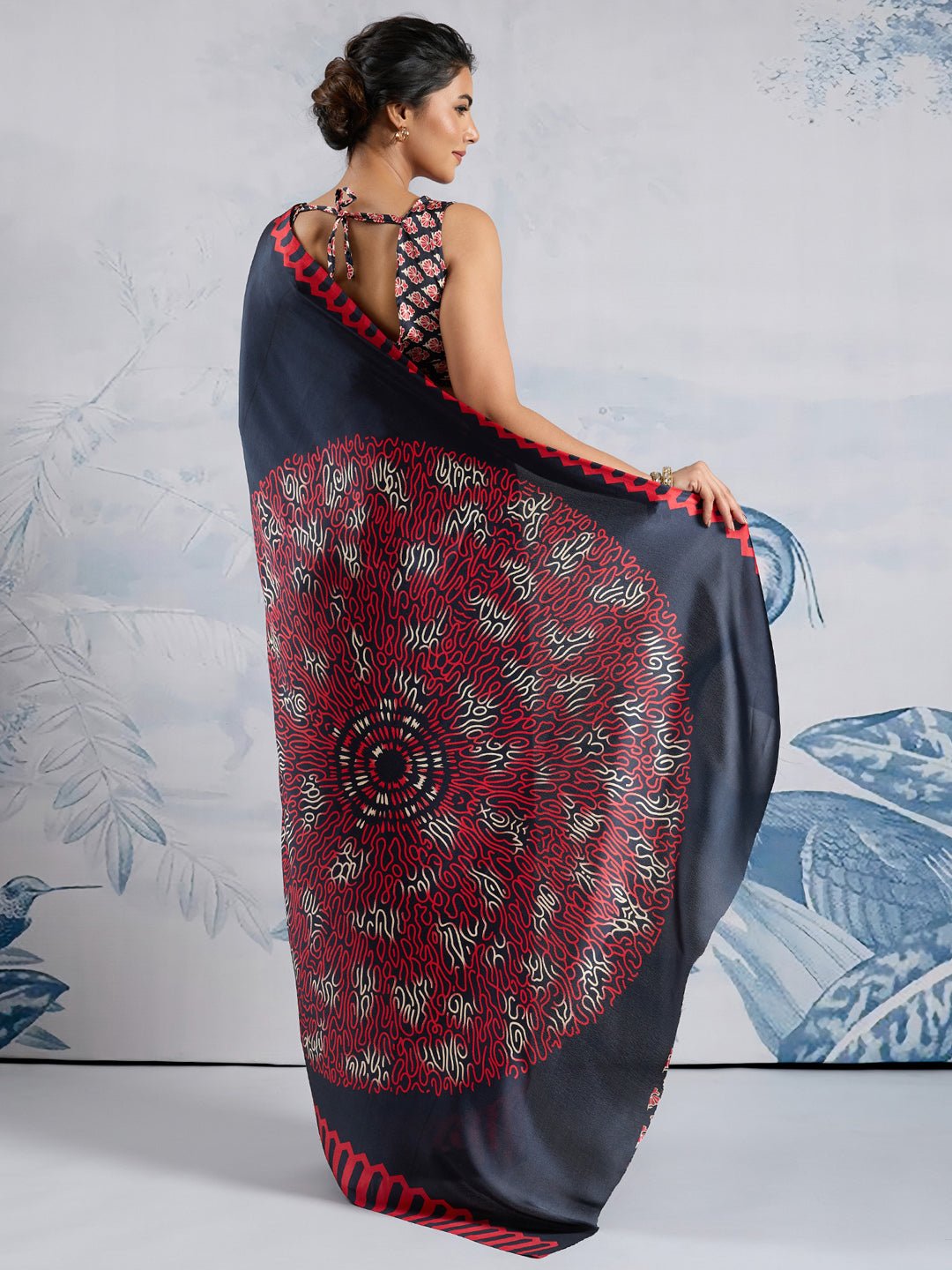 Midnight Black Satin Digital Print Saree - Ressa
