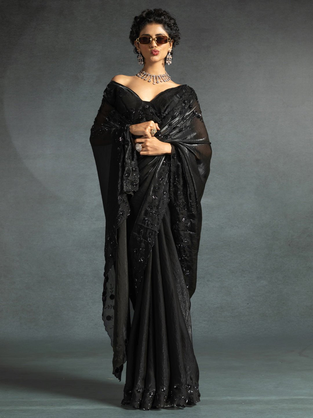 Midnight Black Satin Silk Saree - Ressa