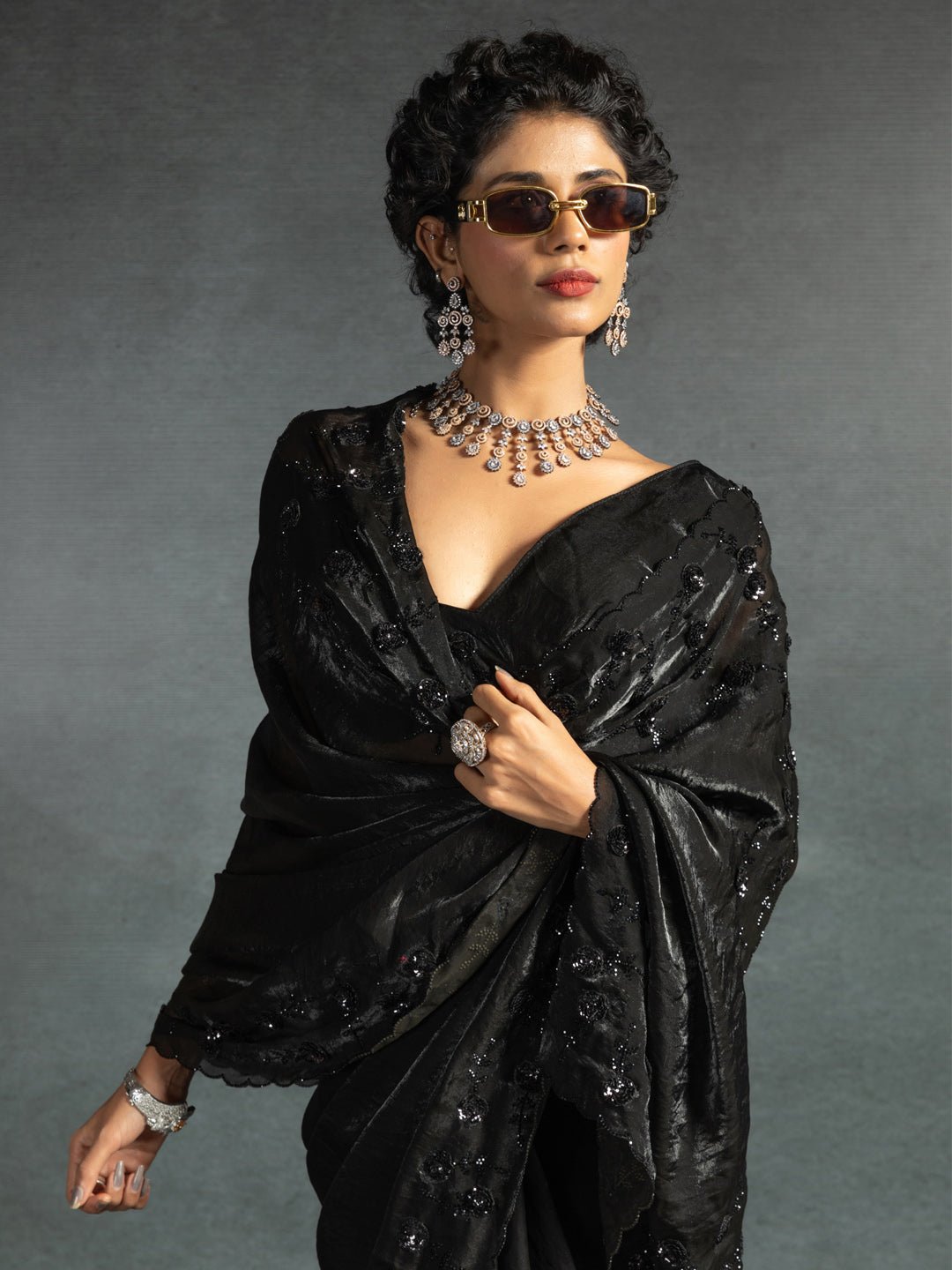 Midnight Black Satin Silk Saree - Ressa