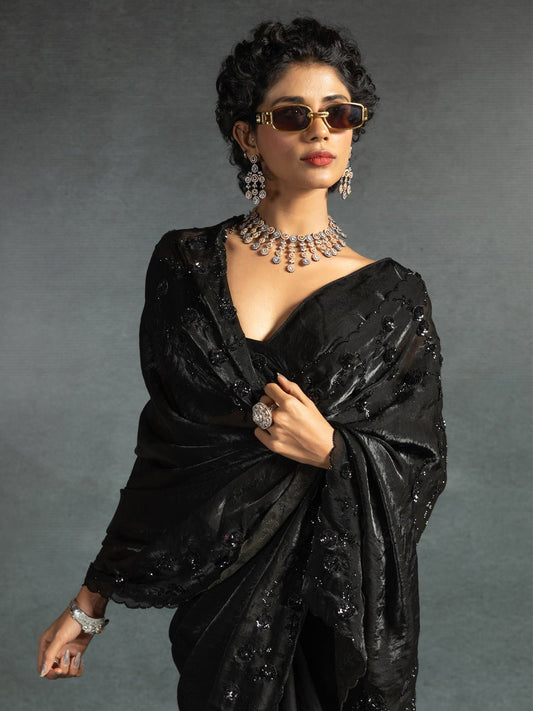 Midnight Black Satin Silk Saree - Ressa