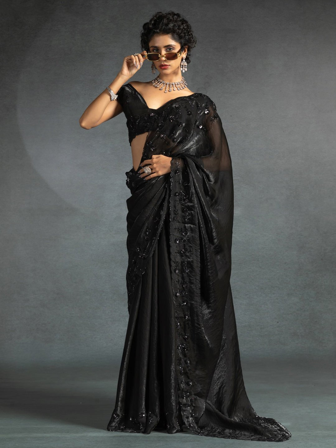Midnight Black Satin Silk Saree - Ressa