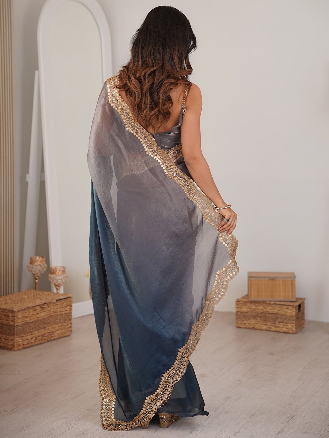Midnight Blue & Grey Ombre Partywear Saree - Ressa