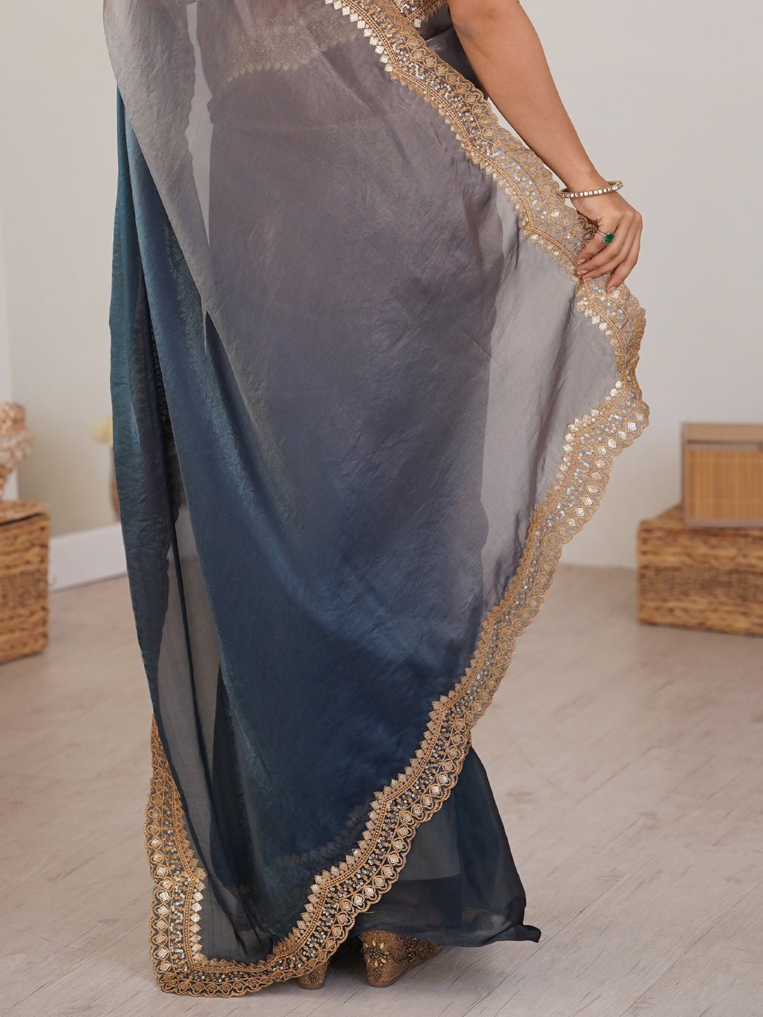 Midnight Blue & Grey Ombre Partywear Saree - Ressa