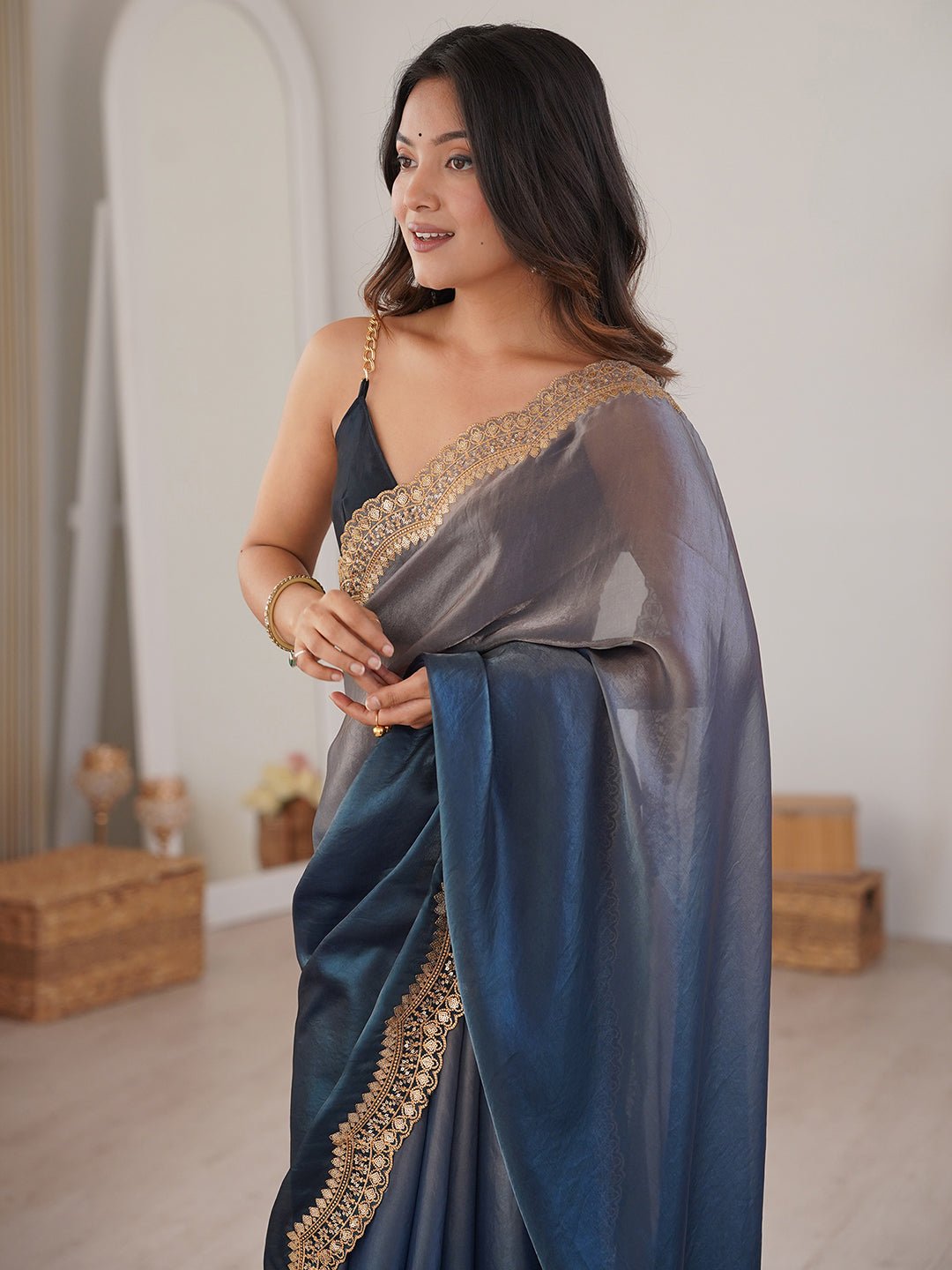 Midnight Blue & Grey Ombre Partywear Saree - Ressa