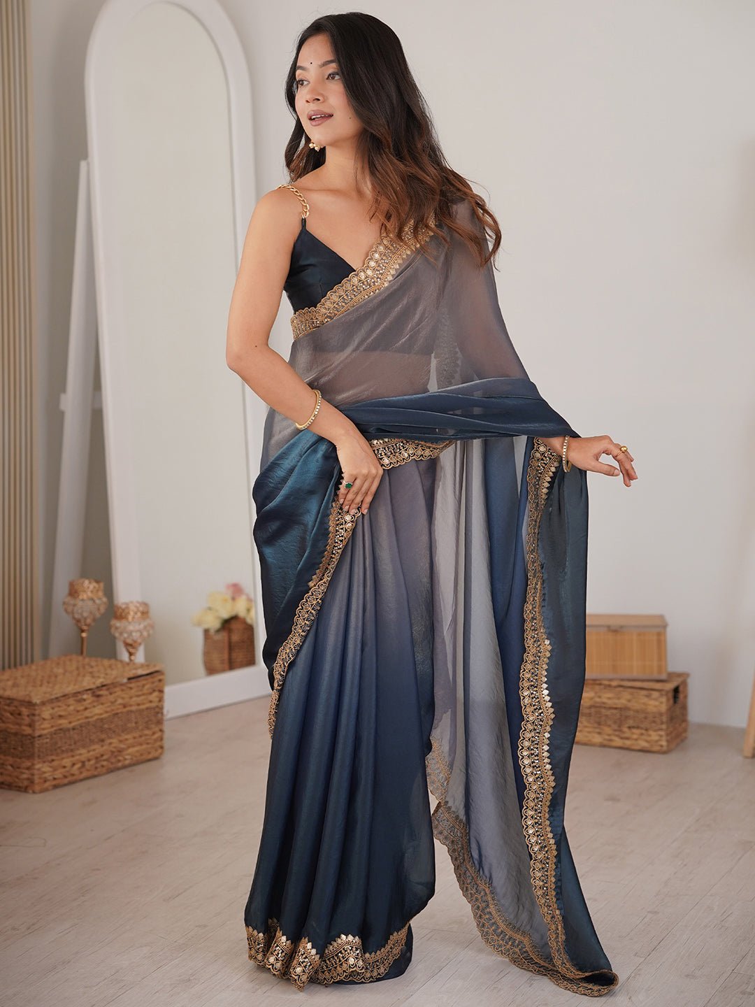 Midnight Blue & Grey Ombre Partywear Saree - Ressa