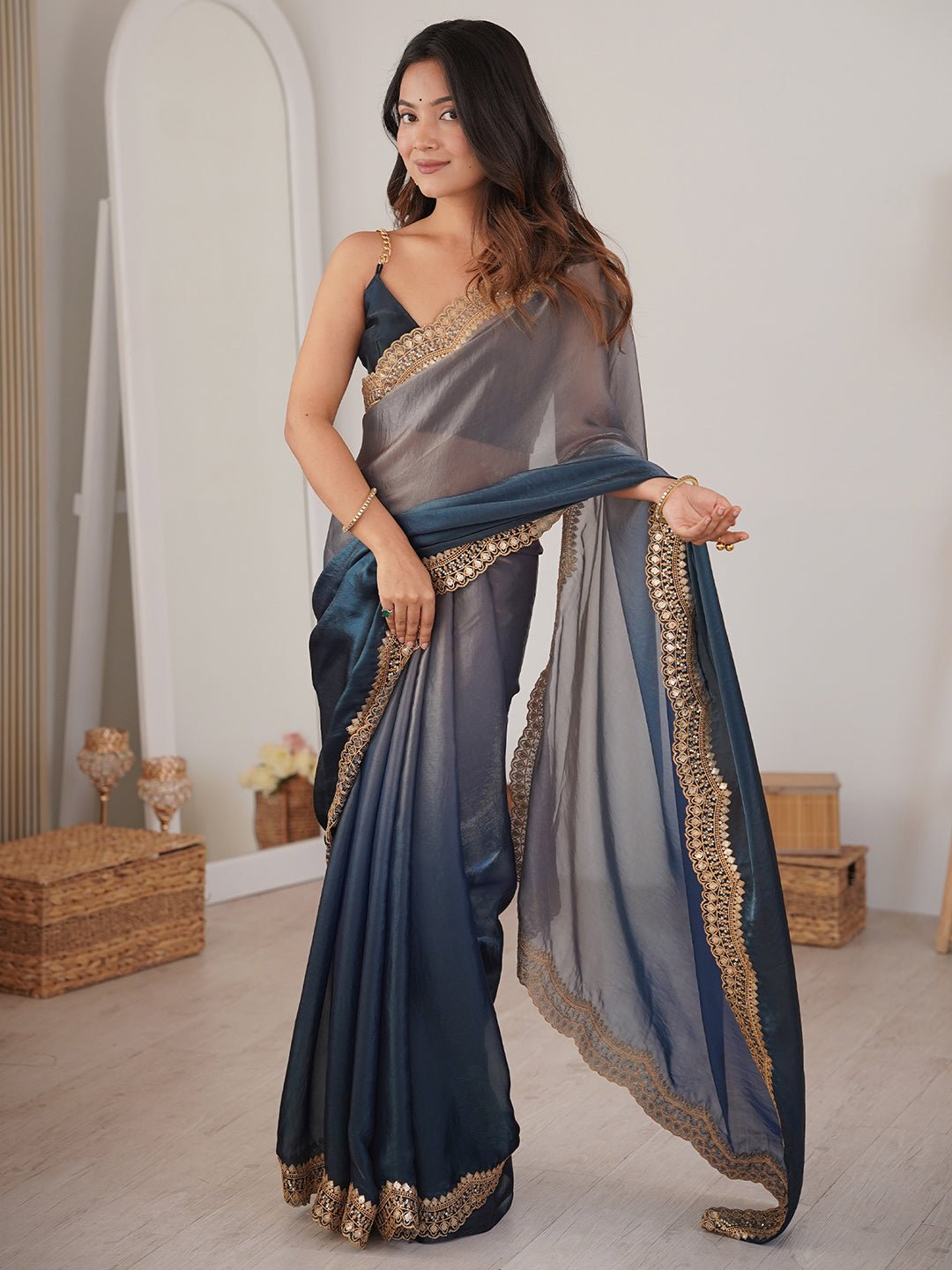 Midnight Blue & Grey Ombre Partywear Saree - Ressa