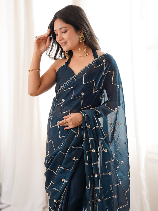 Midnight Blue Organza Saree - Ressa
