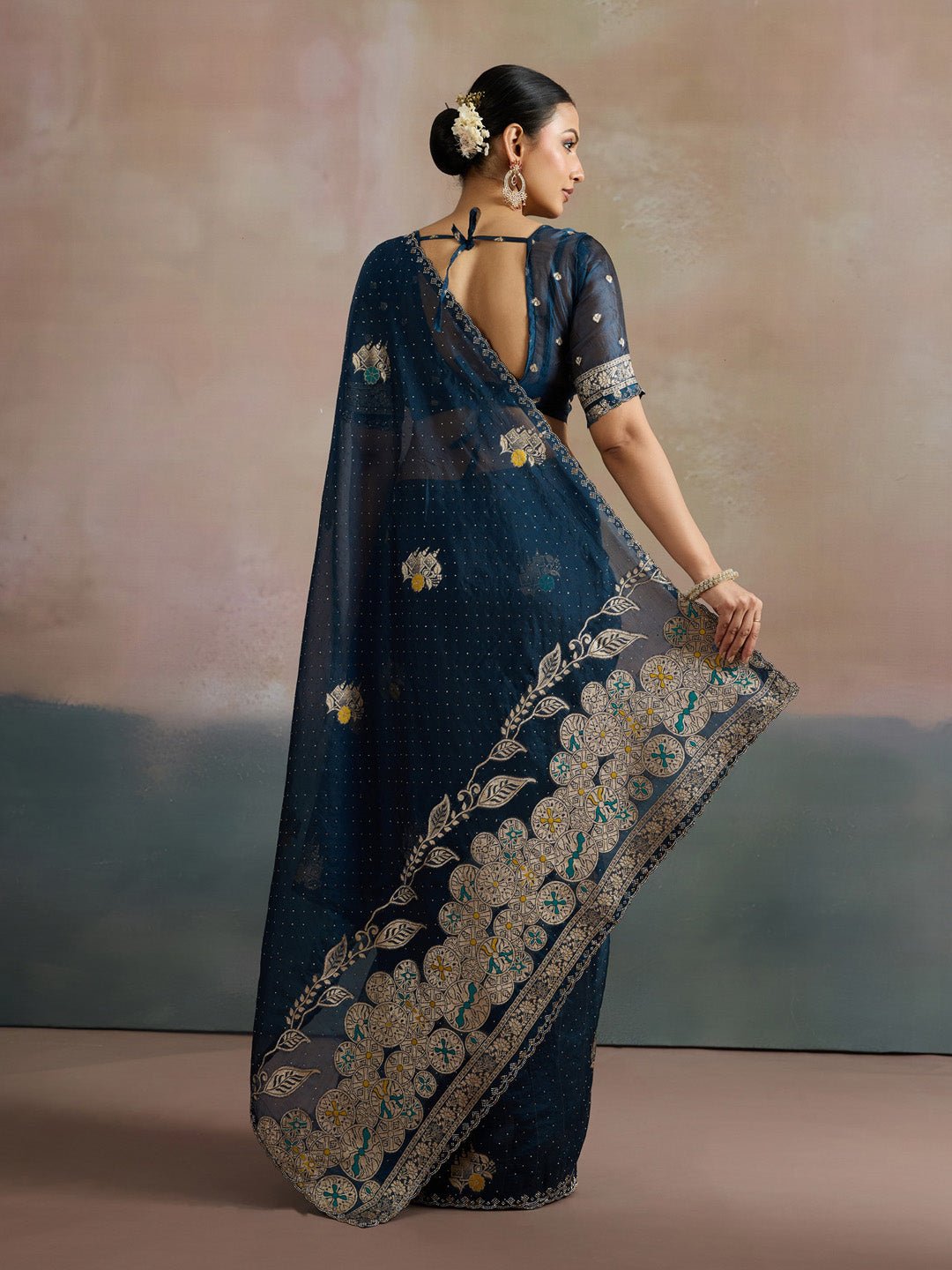 Midnight Blue Organza Saree With Zari Border - Ressa