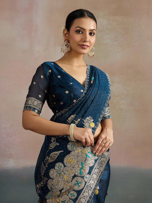 Midnight Blue Organza Saree With Zari Border - Ressa