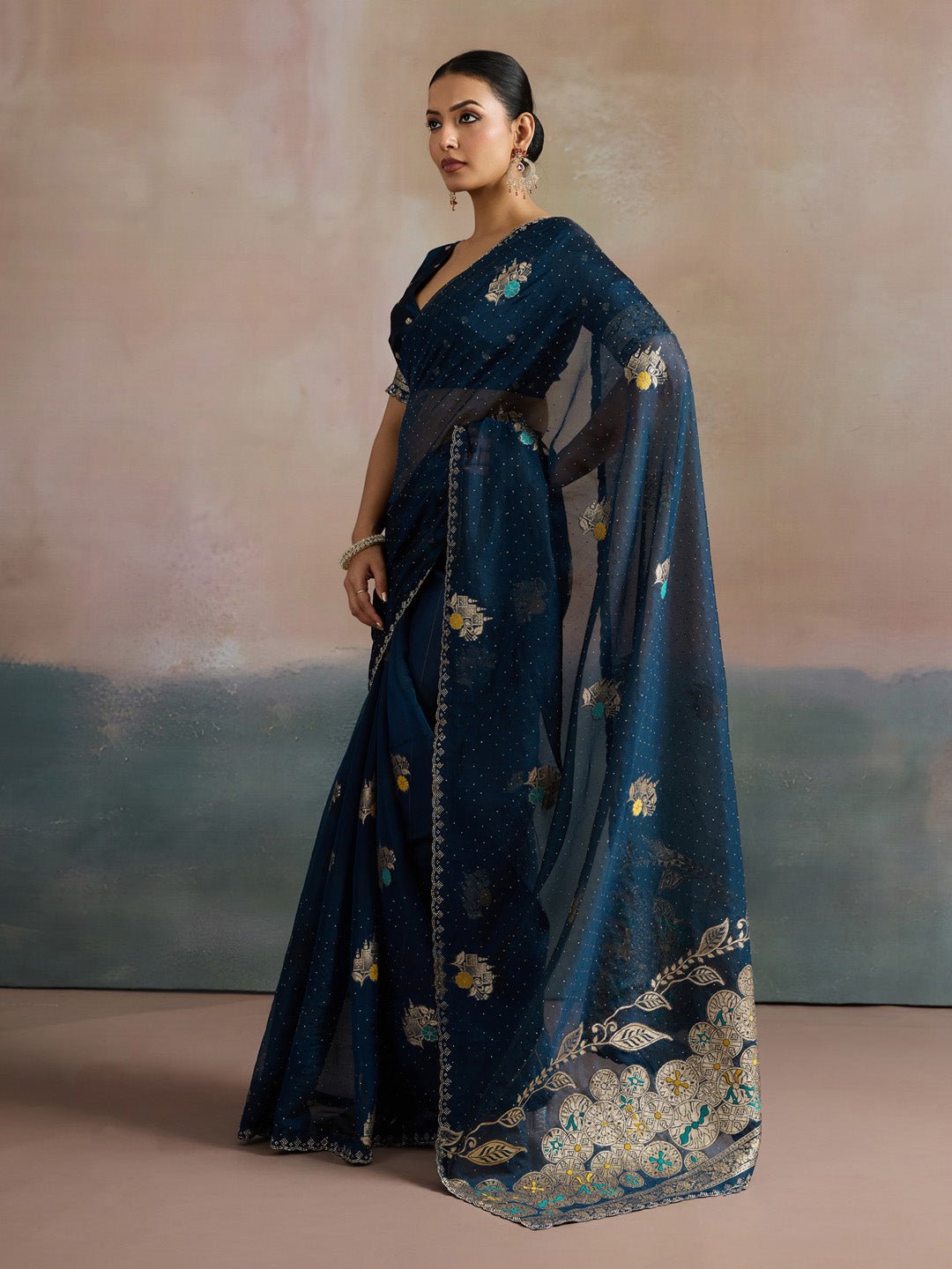 Midnight Blue Organza Saree With Zari Border - Ressa