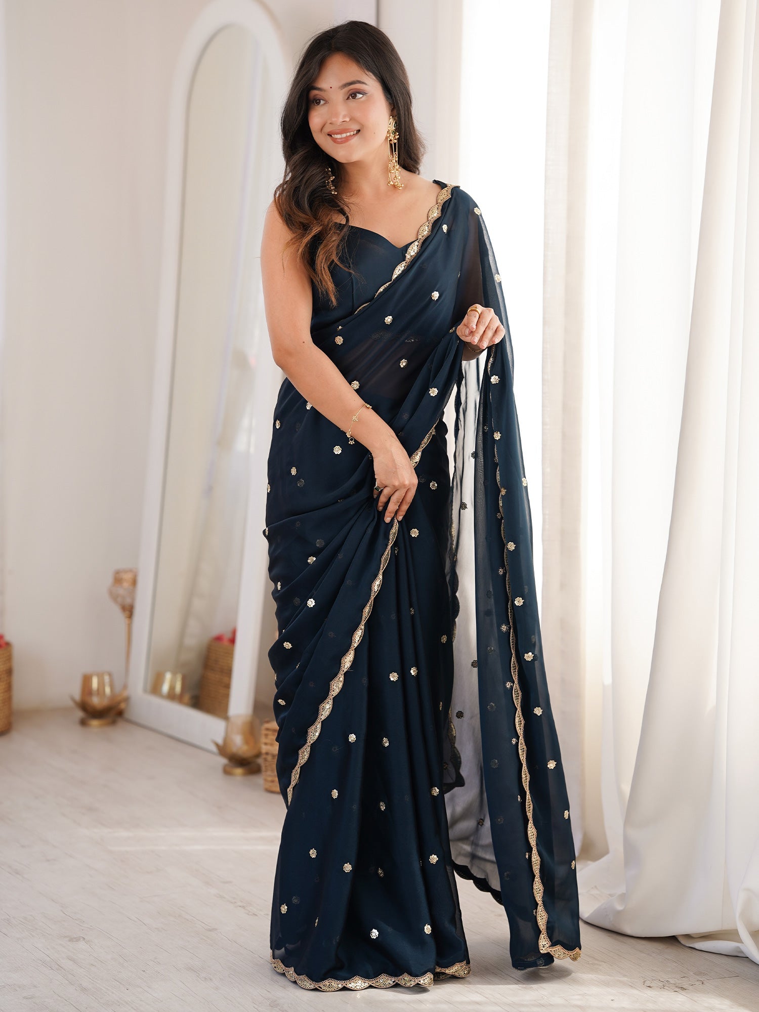 Midnight Navy Blue Pure Georgette Saree with Scalloped Gota Patti Border - Ressa