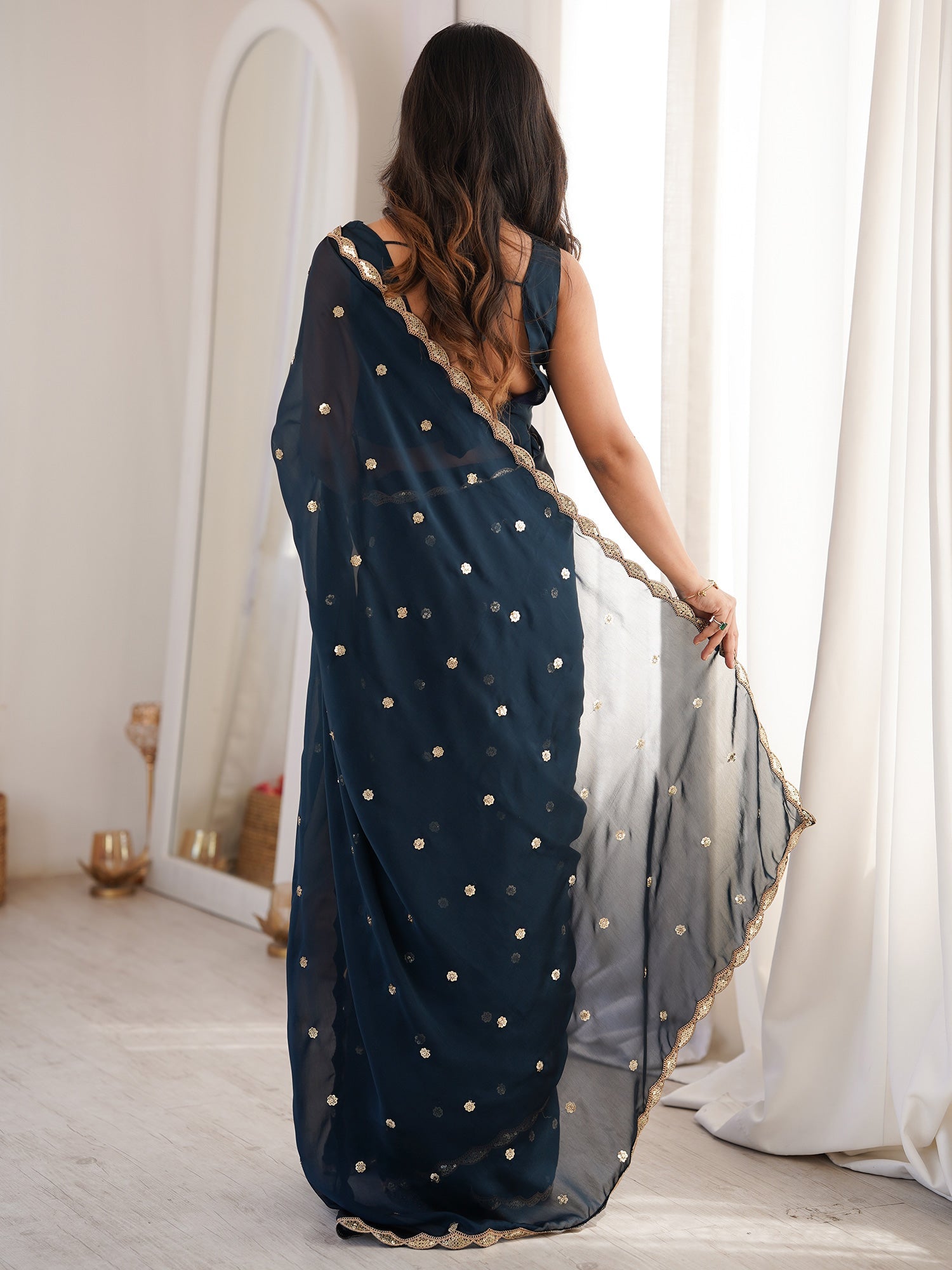 Midnight Navy Blue Pure Georgette Saree with Scalloped Gota Patti Border - Ressa