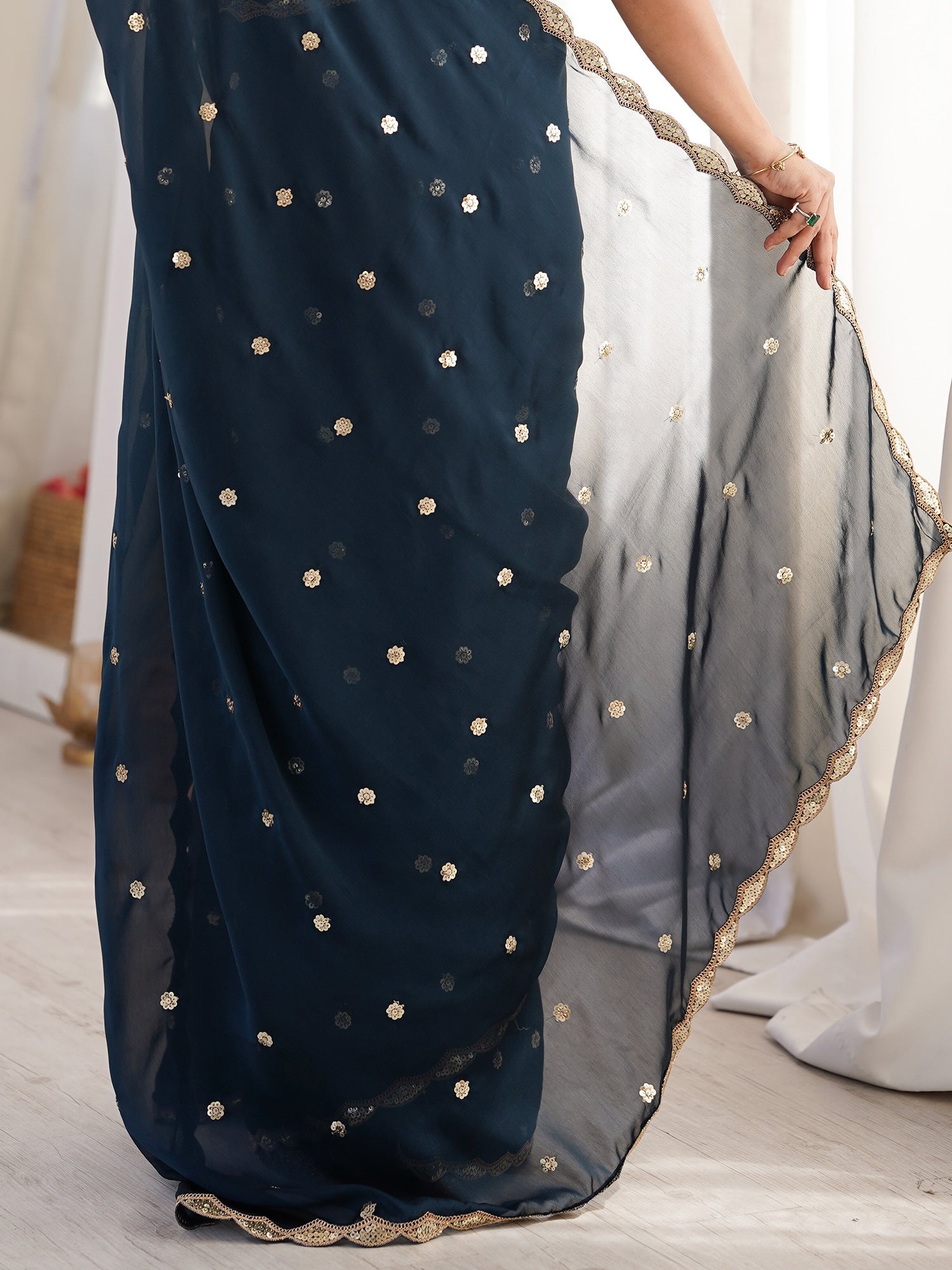 Midnight Navy Blue Pure Georgette Saree with Scalloped Gota Patti Border - Ressa