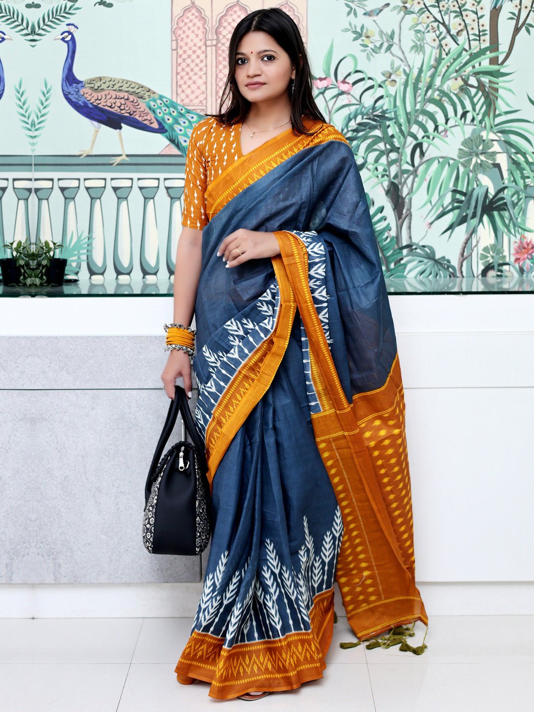 Teal Blue Cotton Ikkat Printed Saree - Ressa