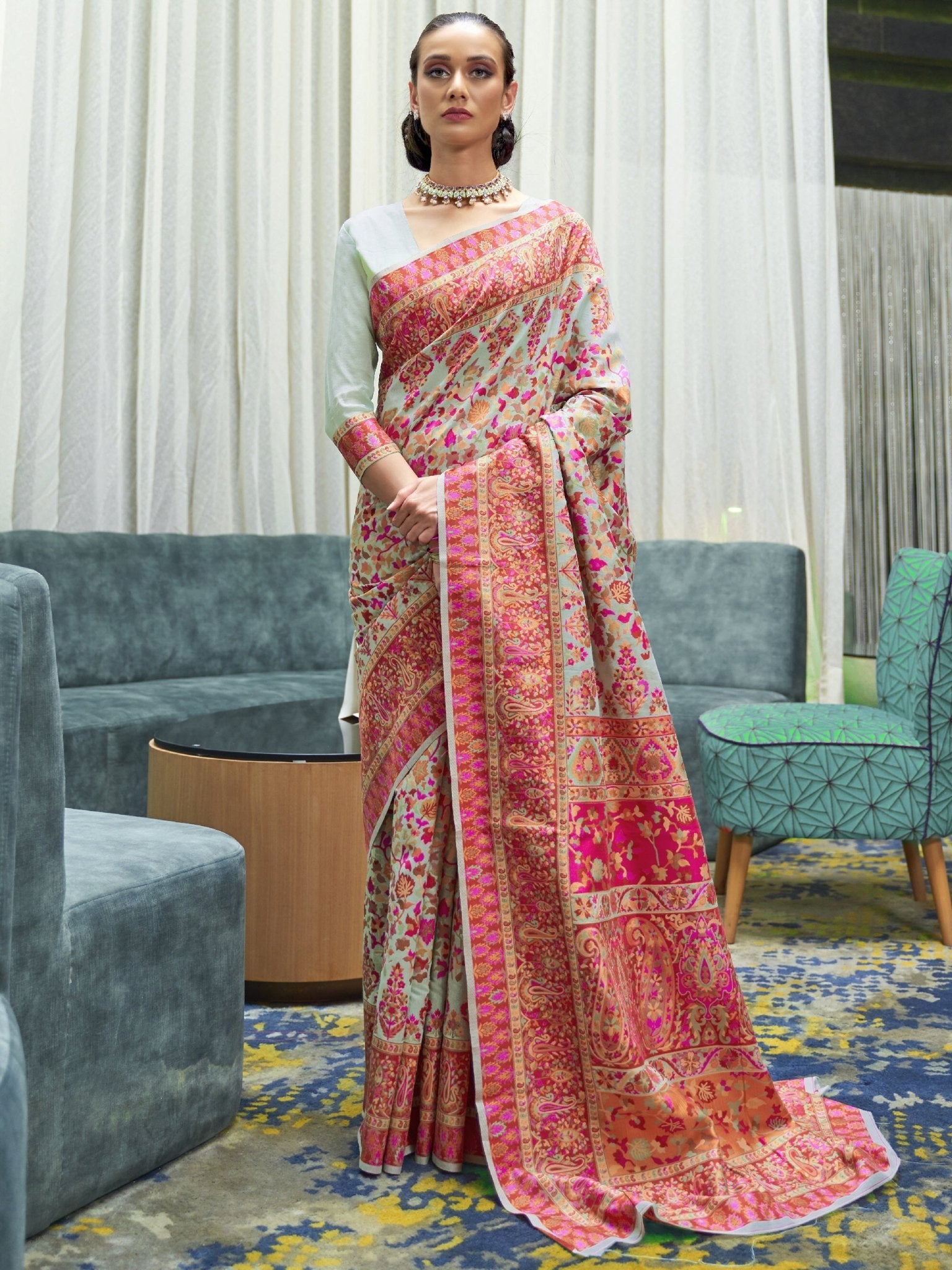 Mint green and Pink Silk Blend Saree - Ressa