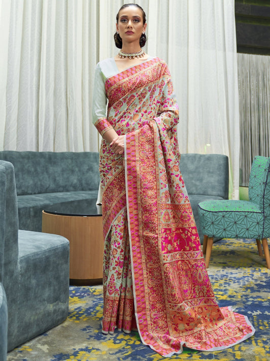 Mint green and Pink Silk Blend Saree - Ressa