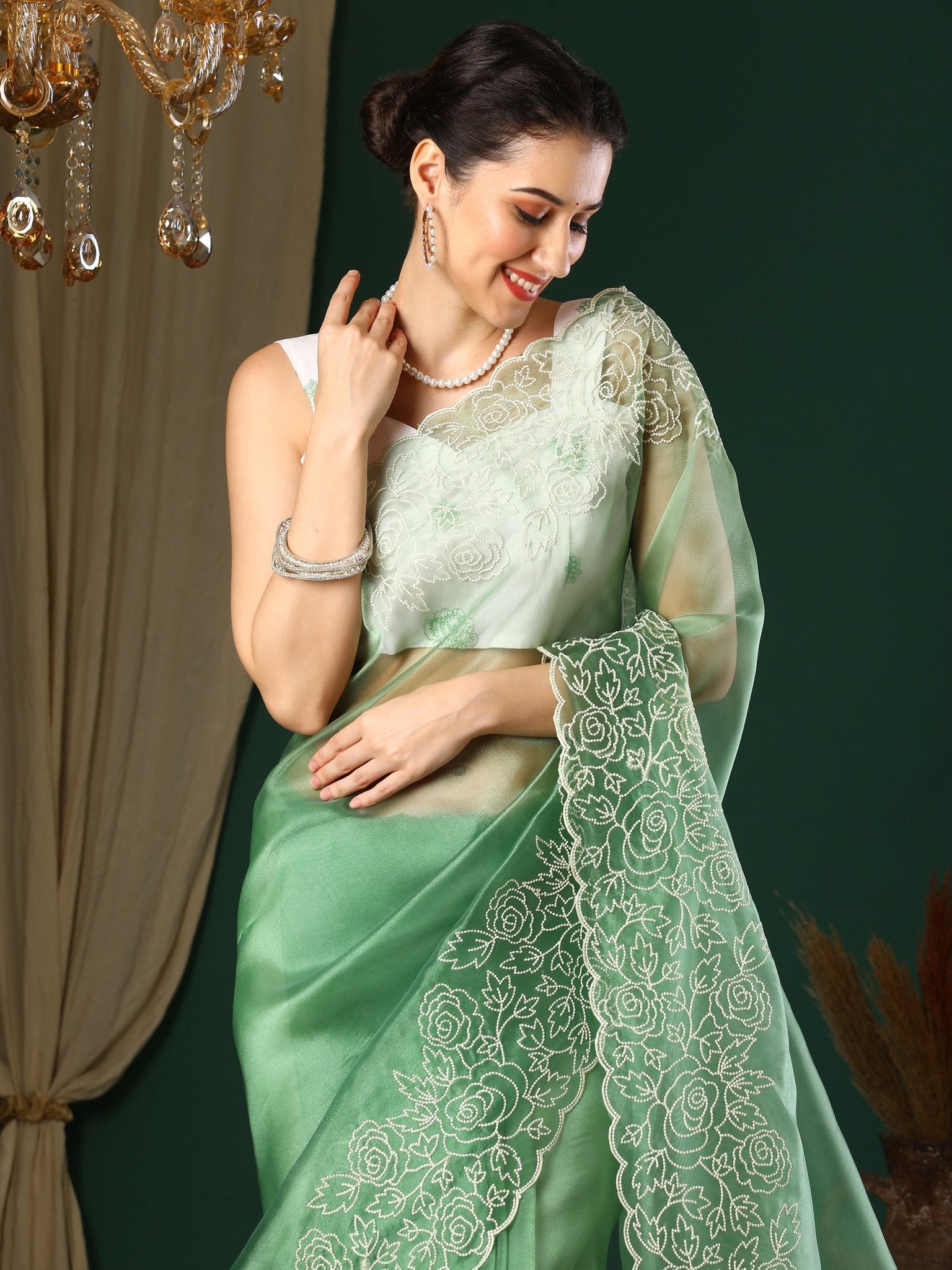 Mint Green Organza Saree with Floral Embroidery Border - Ressa