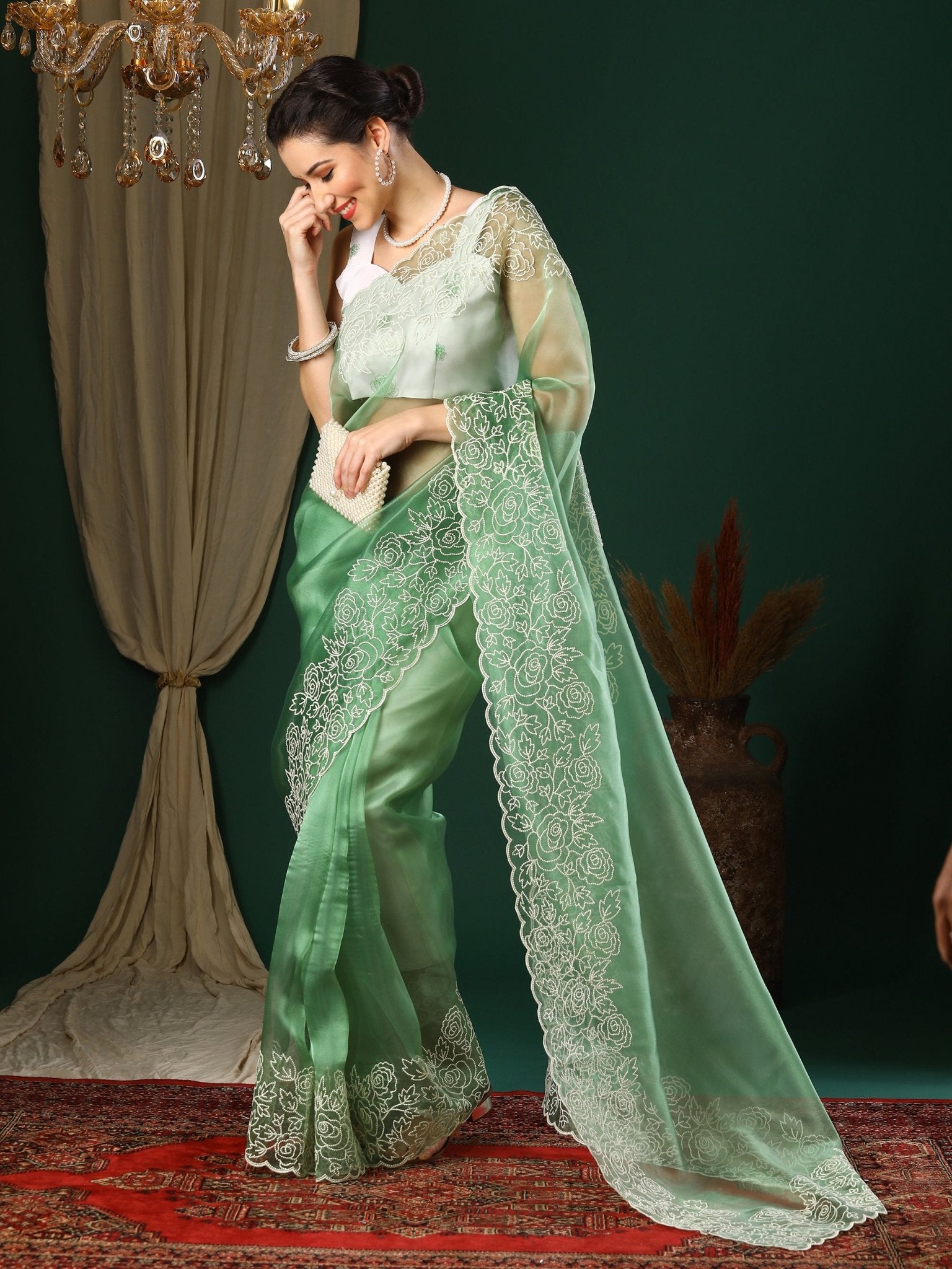 Mint Green Organza Saree with Floral Embroidery Border - Ressa