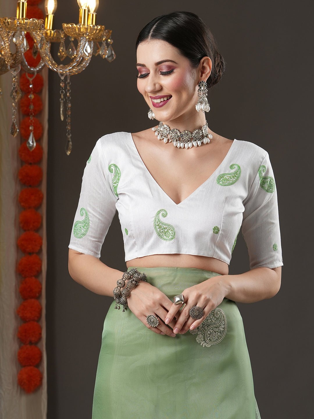 Mint Green Organza Saree with Zari Paisley Booties - Ressa