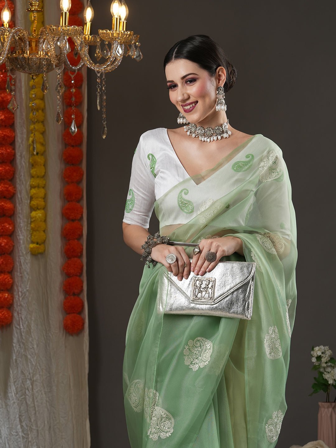 Mint Green Organza Saree with Zari Paisley Booties - Ressa