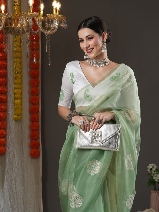 Mint Green Organza Saree with Zari Paisley Booties - Ressa