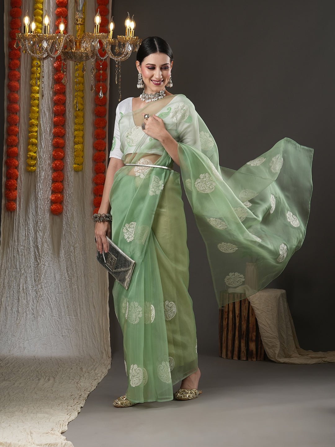 Mint Green Organza Saree with Zari Paisley Booties - Ressa