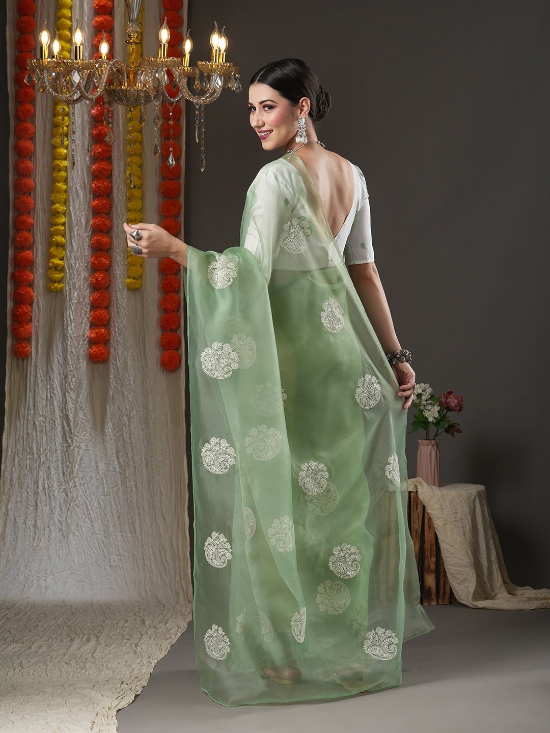 Mint Green Organza Saree with Zari Paisley Booties - Ressa