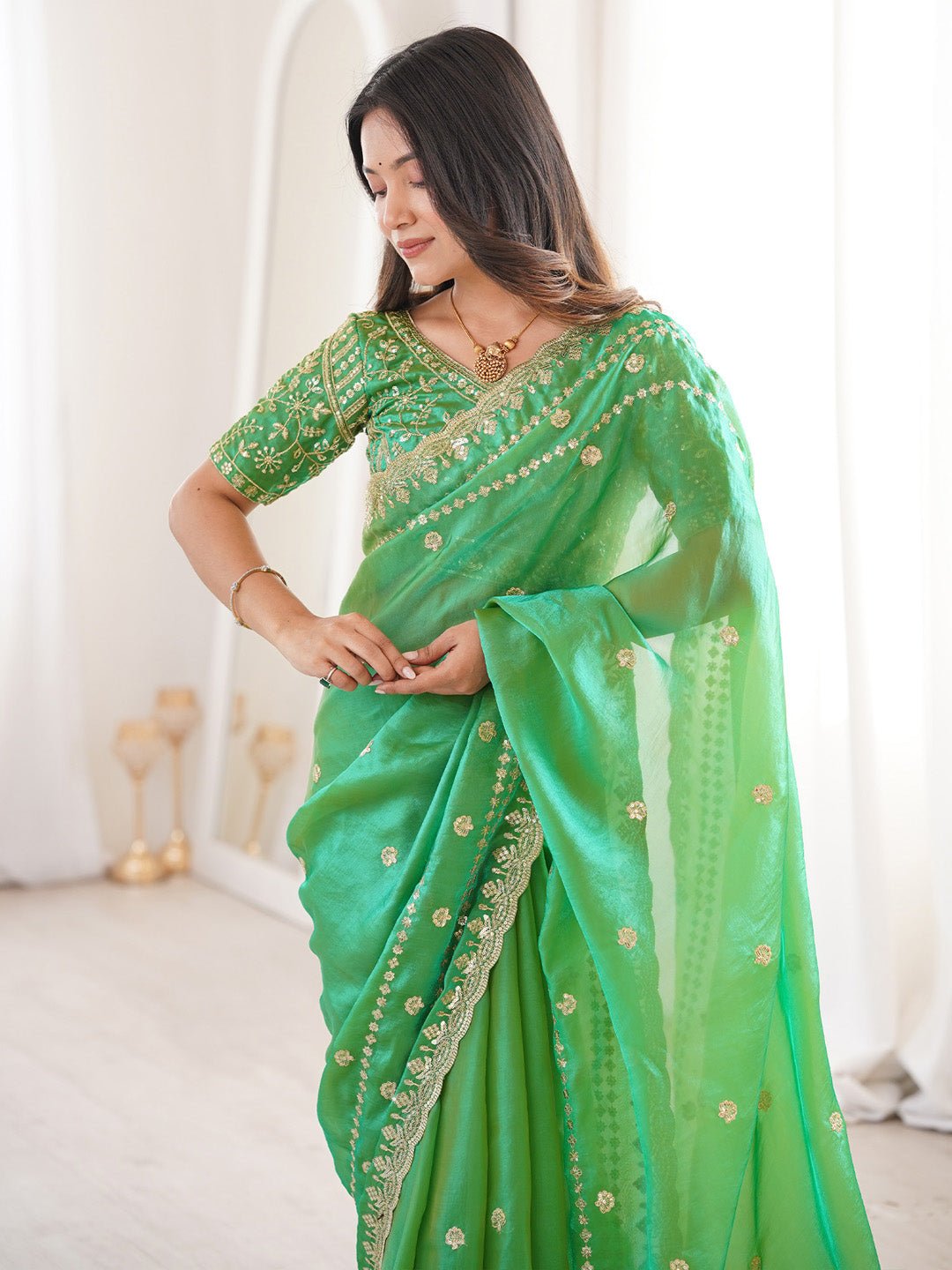 Mint Green Satin Emblished Party Wear Saree - Ressa