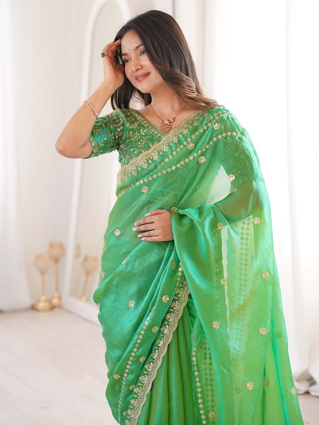 Mint Green Satin Emblished Party Wear Saree - Ressa