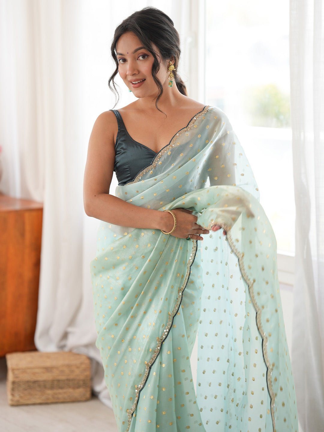 Mint Green Satin Emblished Party Wear Saree - Ressa