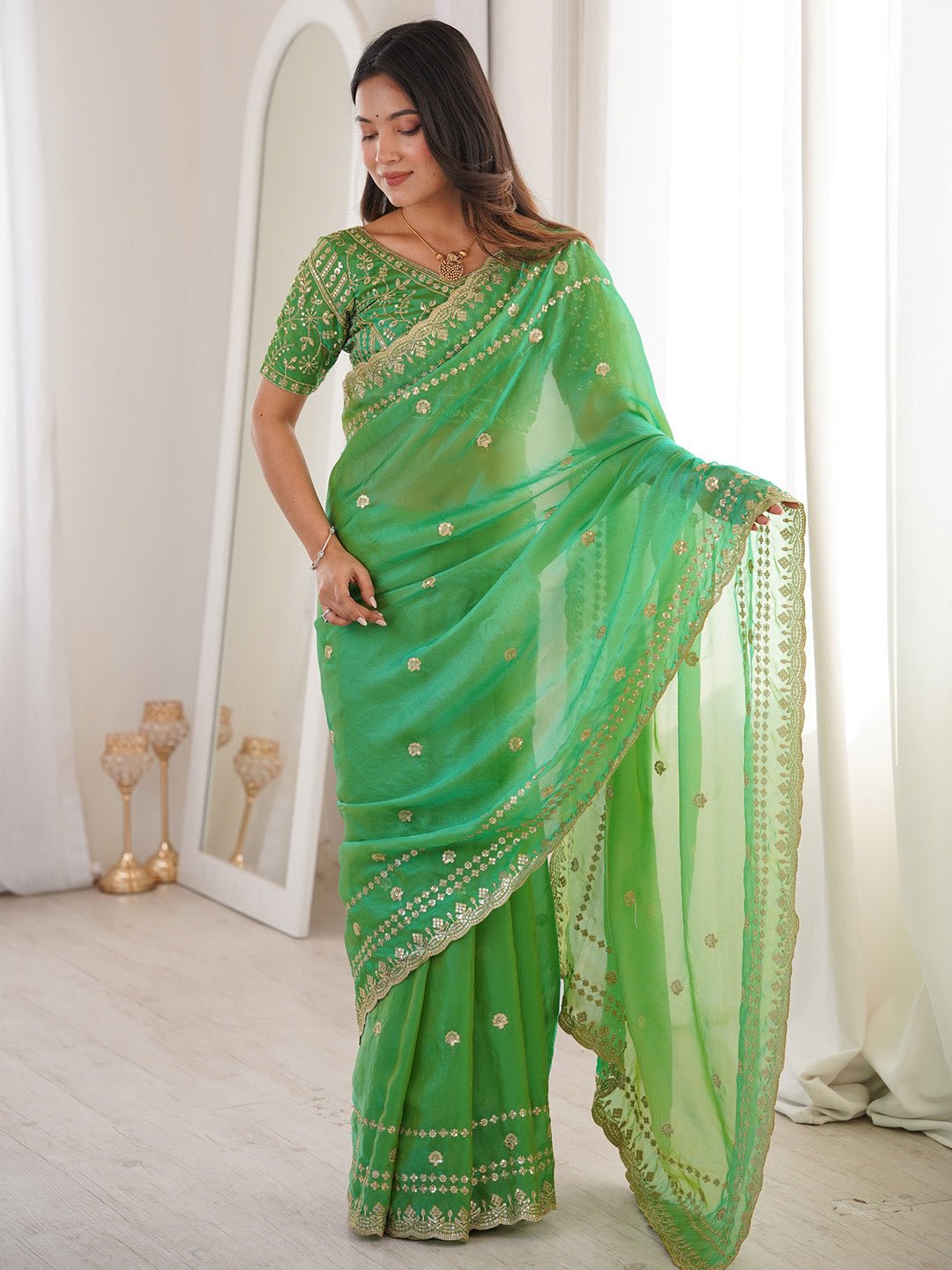 Mint Green Satin Emblished Party Wear Saree - Ressa