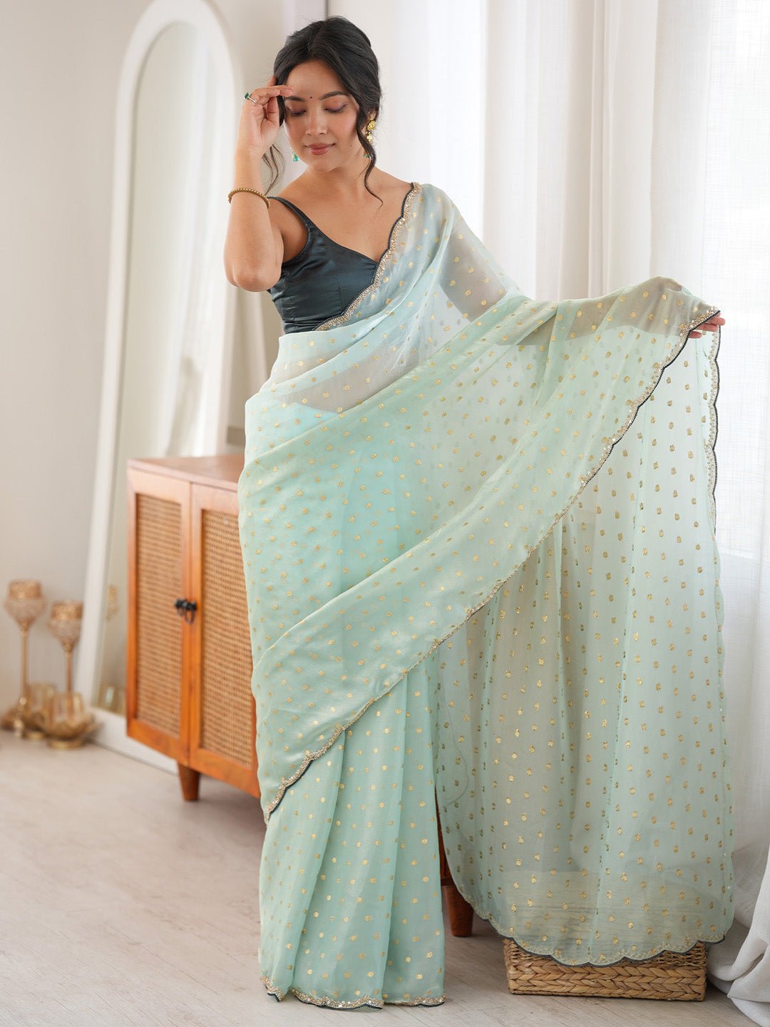 Mint Green Satin Emblished Party Wear Saree - Ressa