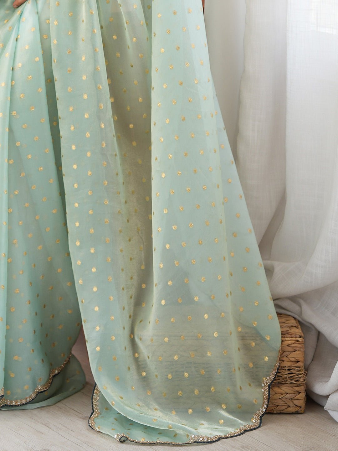 Mint Green Satin Emblished Party Wear Saree - Ressa