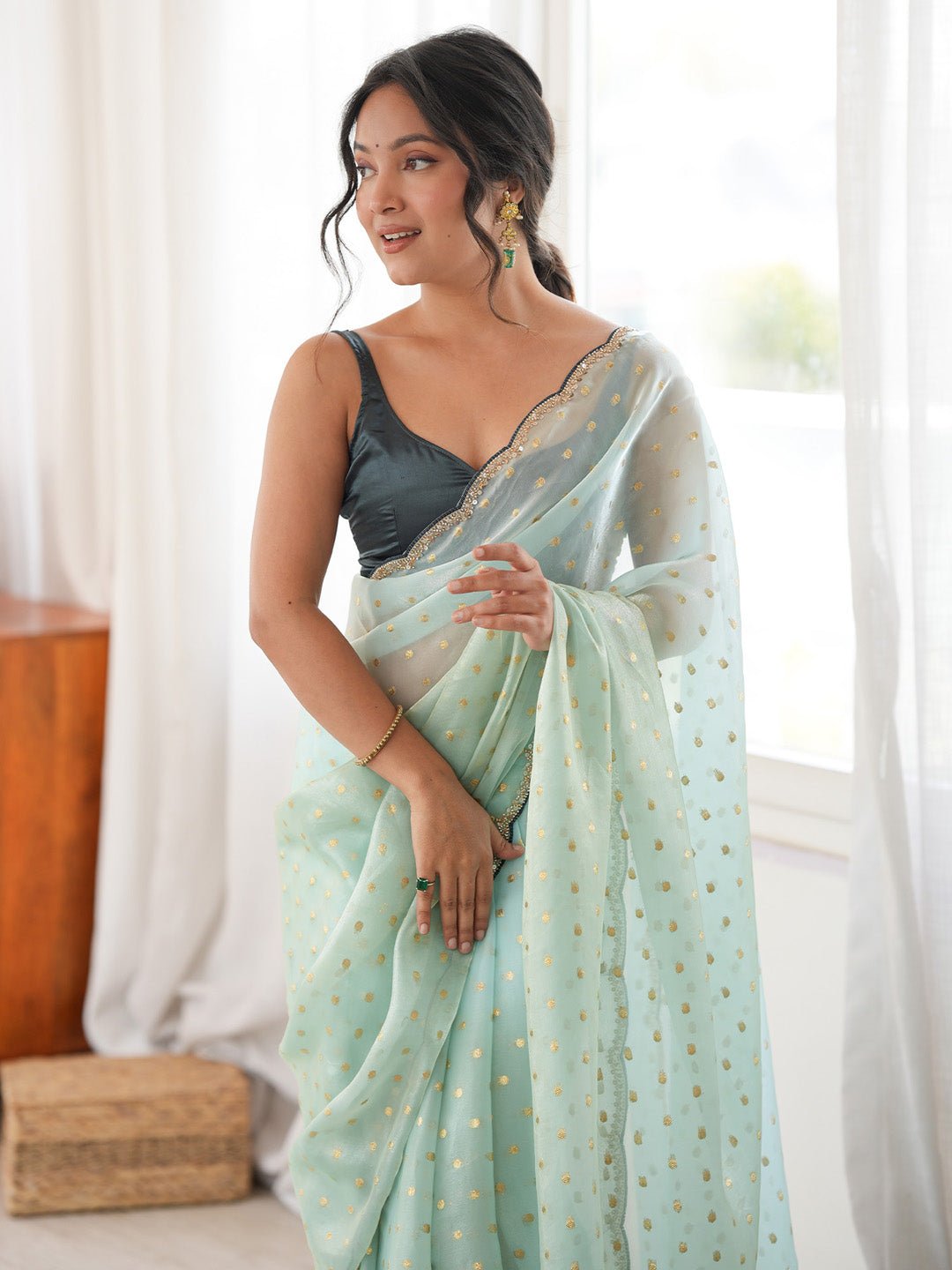 Mint Green Satin Emblished Party Wear Saree - Ressa