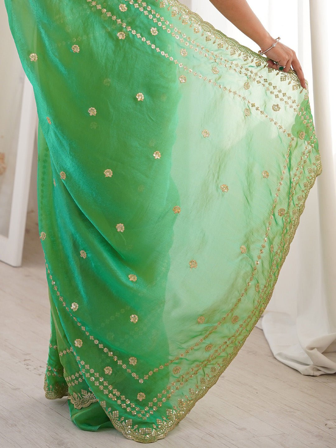 Mint Green Satin Emblished Party Wear Saree - Ressa