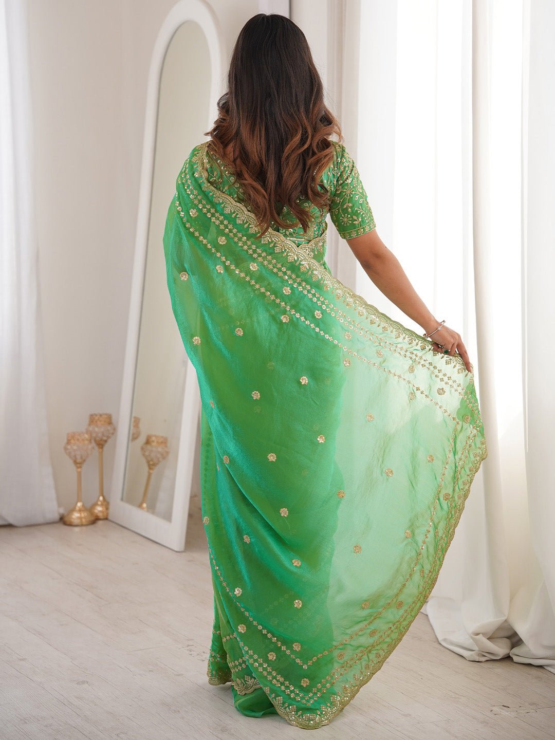 Mint Green Satin Emblished Party Wear Saree - Ressa
