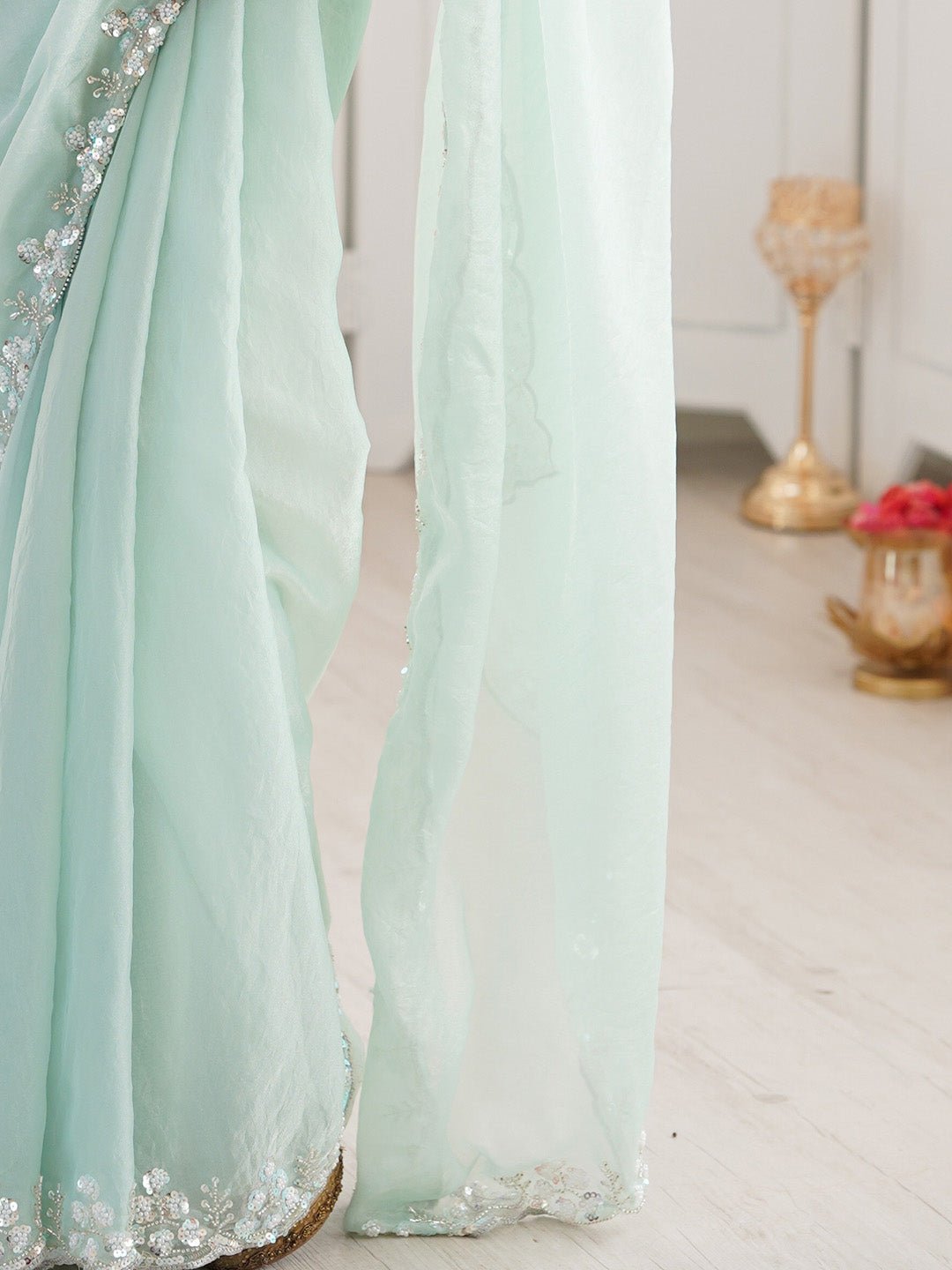 Mint Green Sequin Embroidery Saree - Ressa