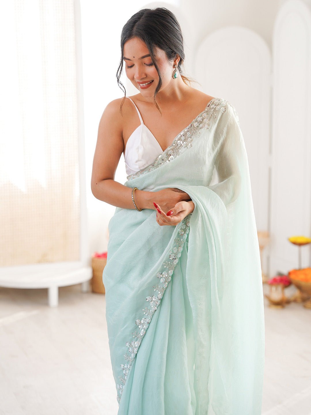Mint Green Sequin Embroidery Saree - Ressa