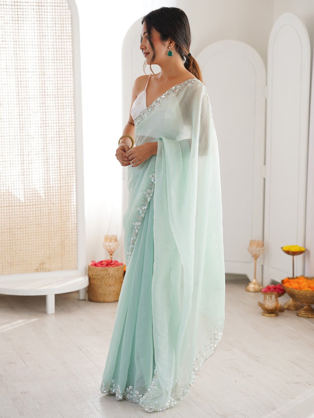 Mint Green Sequin Embroidery Saree - Ressa