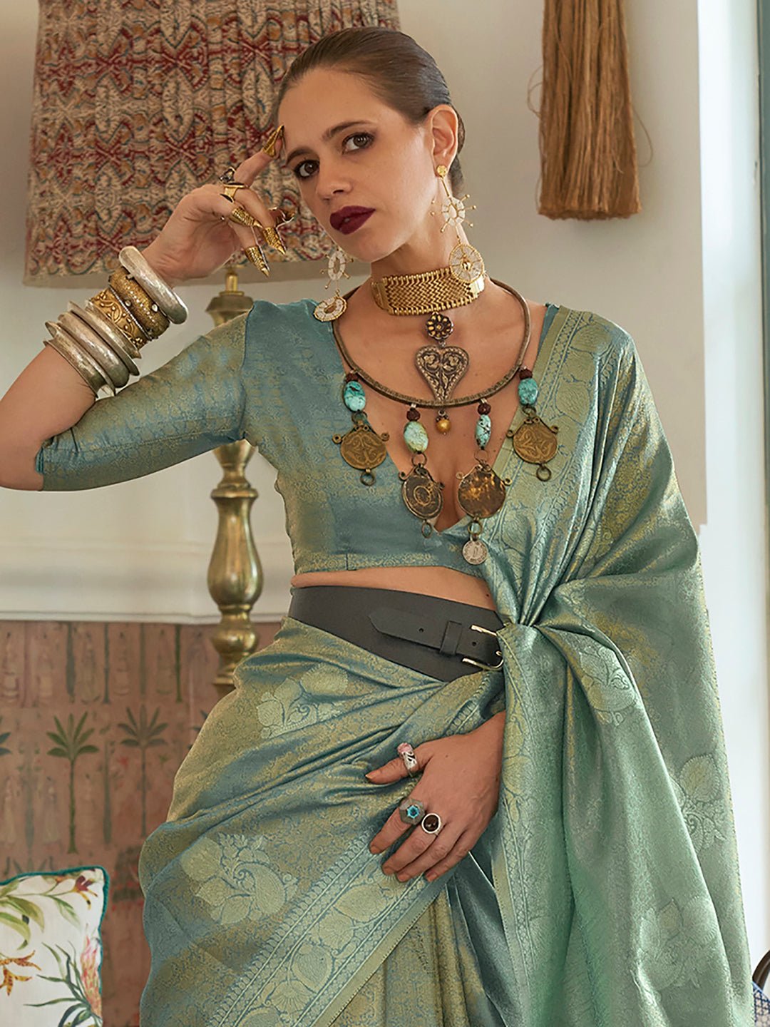 Mint Green Silk Blend Tissue Zari Woven saree - Ressa
