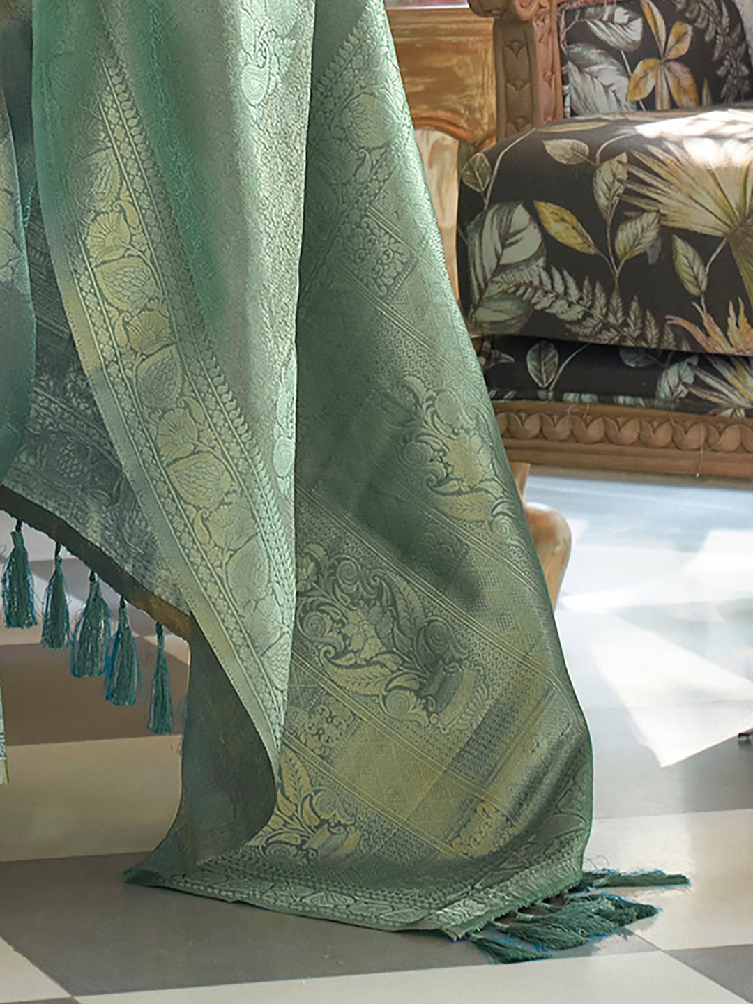 Mint Green Silk Blend Tissue Zari Woven saree - Ressa